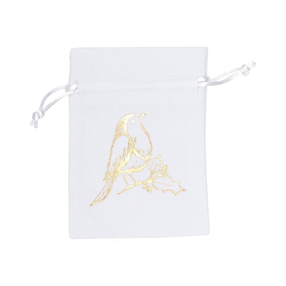 Medium Gold Robin Printed White Cotton Bag | 95x90mm