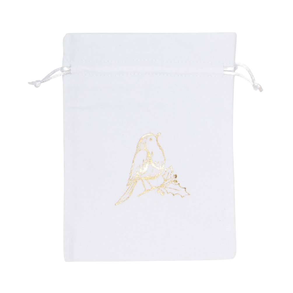 Large Gold Robin Printed White Cotton Bag | 165x145mm