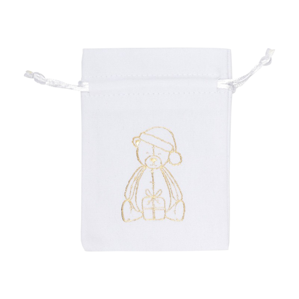 Medium Gold Teddy Printed White Cotton Bag | 95x90mm