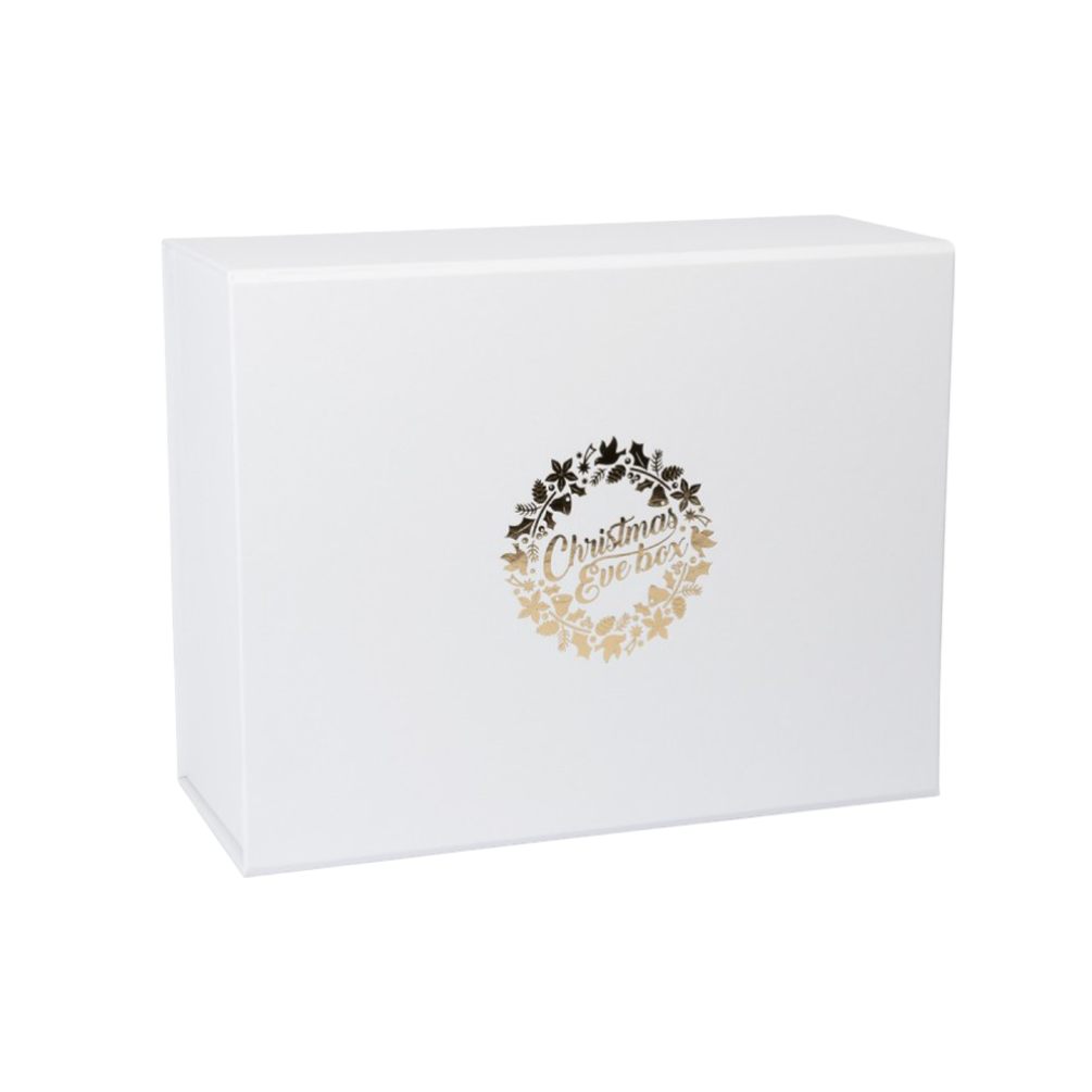 Deep White Christmas Eve Box with Gold Wreath Print