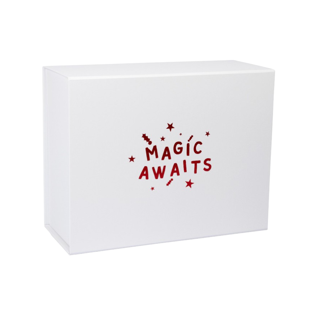 Deep White Christmas Box with Satin Red Magic Awaits Print