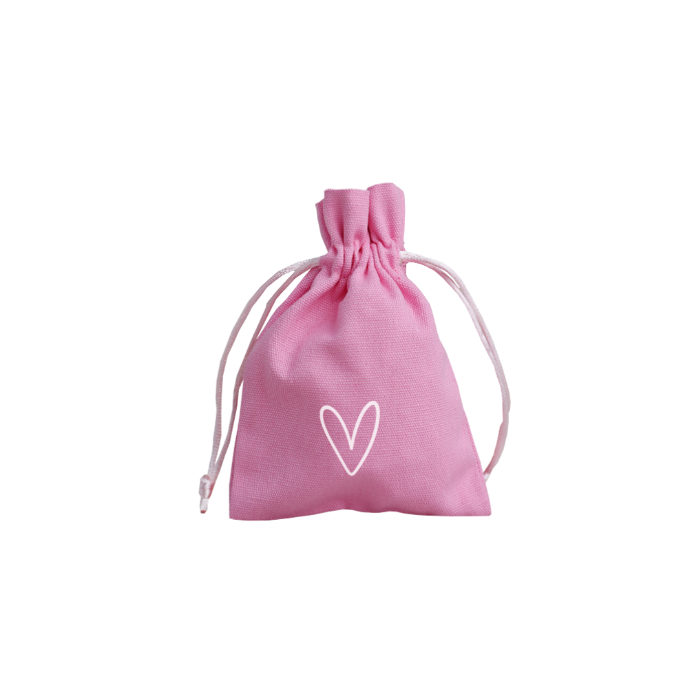 Love Heart Valentine's Day Medium Pink Cotton Bag with Silk Drawstring