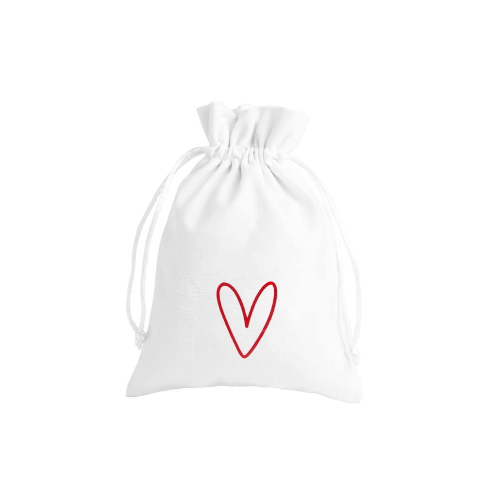 Love Heart Valentine's Day Large White Cotton Bag with Silk Drawstring