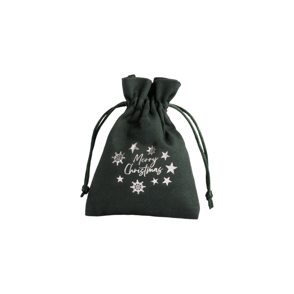 Christmas Cotton Bag Green Medium Silver Merry Christmas