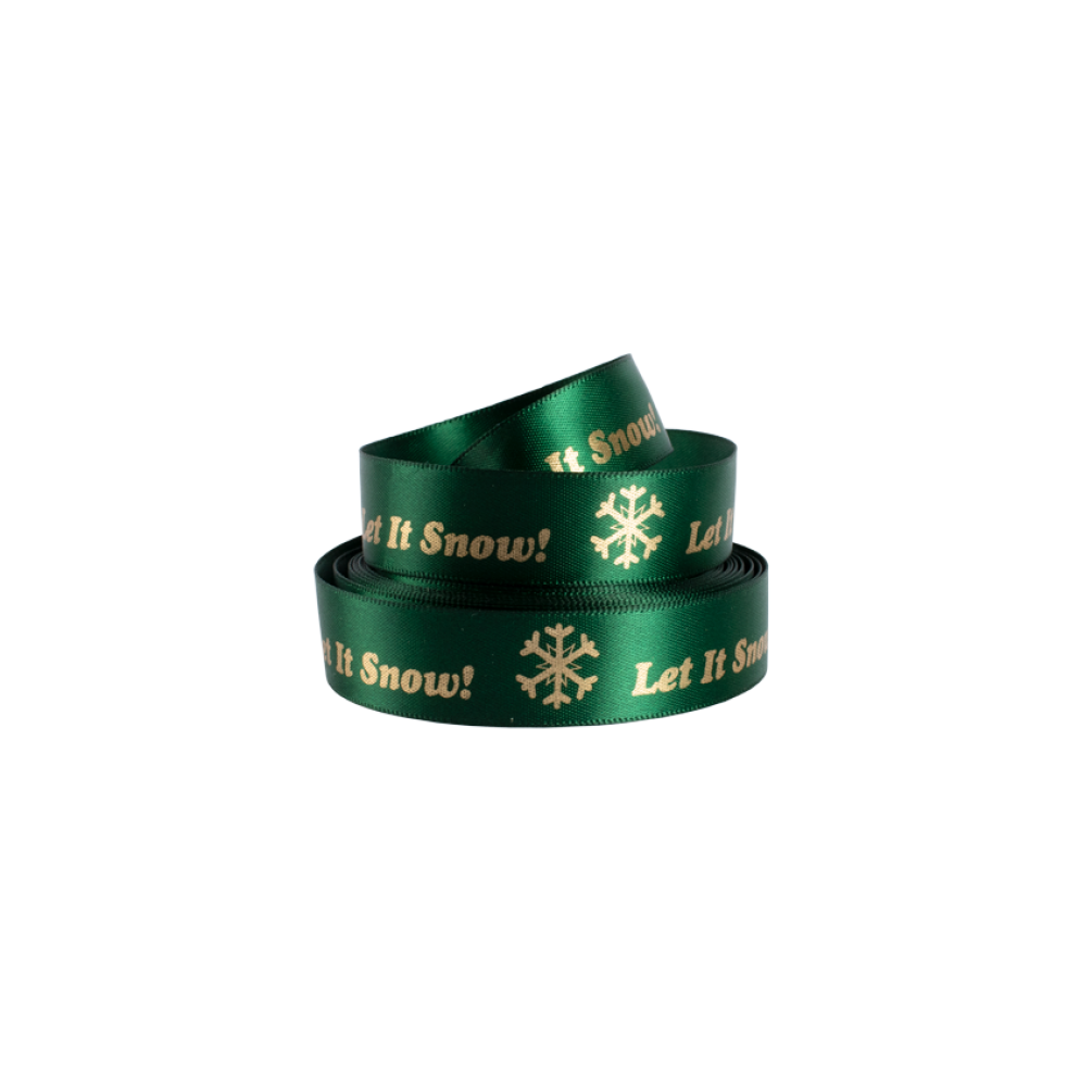 Emerald Green Satin Ribbon with Gold Let it Snow Print