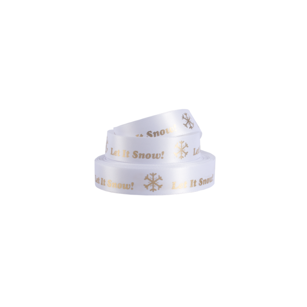 White Satin Ribbon with Gold Let it Snow Print 10 metres x 15mm